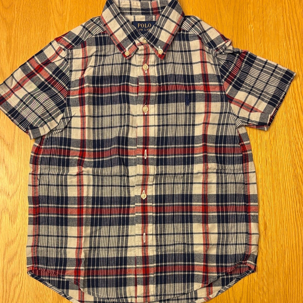 Polo by Ralph Lauren Kids Short Sleeve Checkered Shirt, Navy, Red & White, age 5